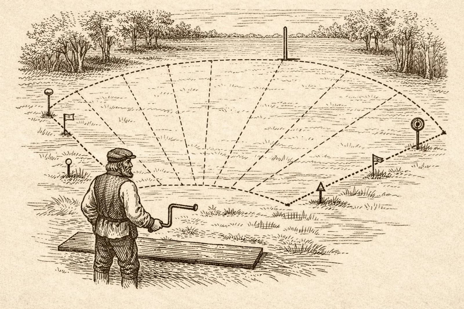 Kaavio veivinheiton heittosektorista: heittäjä lankun takana, viuhkan muotoinen 30 metrin sektori merkein
