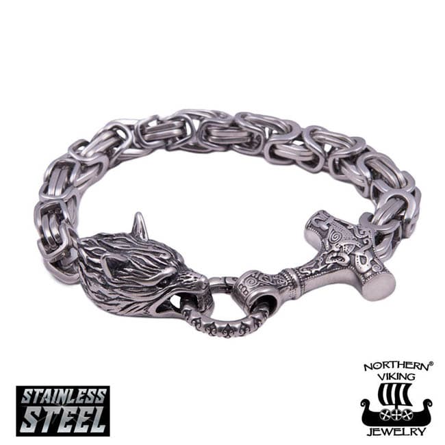 Northern Viking Jewelry Byzantine Thor's Hammer Wolf Head -rannekoru NVJRA016