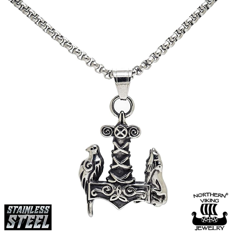 Northern Viking Jewelry Raven Wof Thor's Hammer -kaulakoru NVJRS065