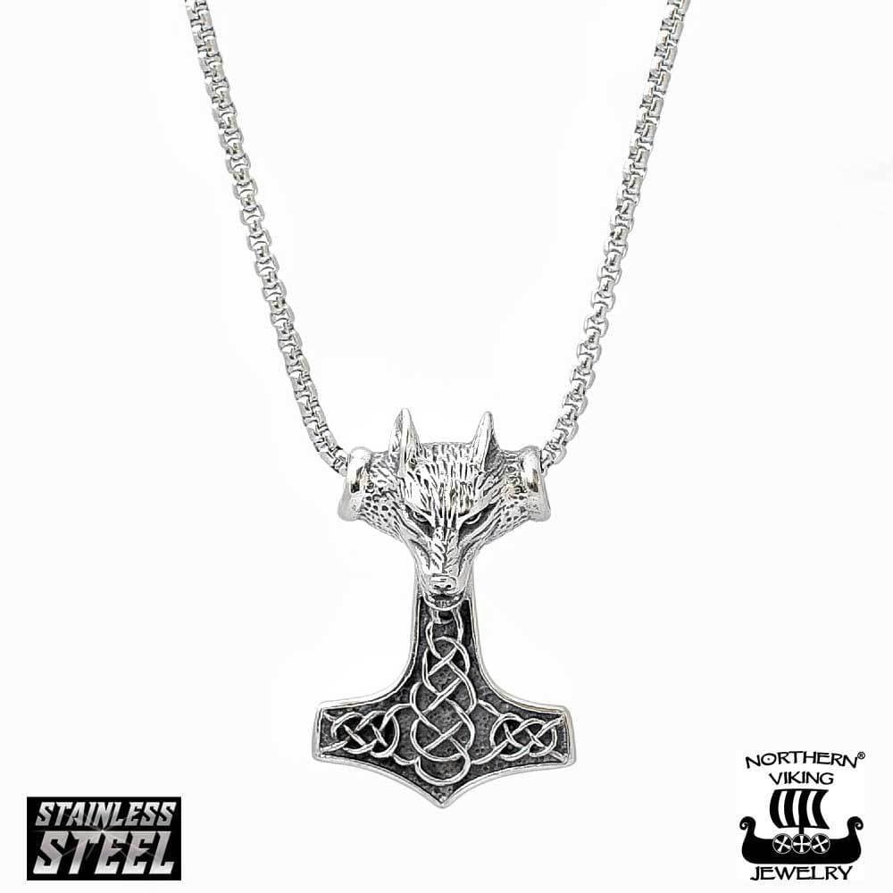 Northern Viking Jewelry Fenrir Wolfhead Thor´s Hammer -kaulakoru NVJRS052 50cm