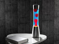 Design-laavalamppu, sininen neste ja punainen vaha