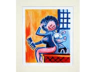 Viivi ja Wagner serigrafia: Naisen takana on sika