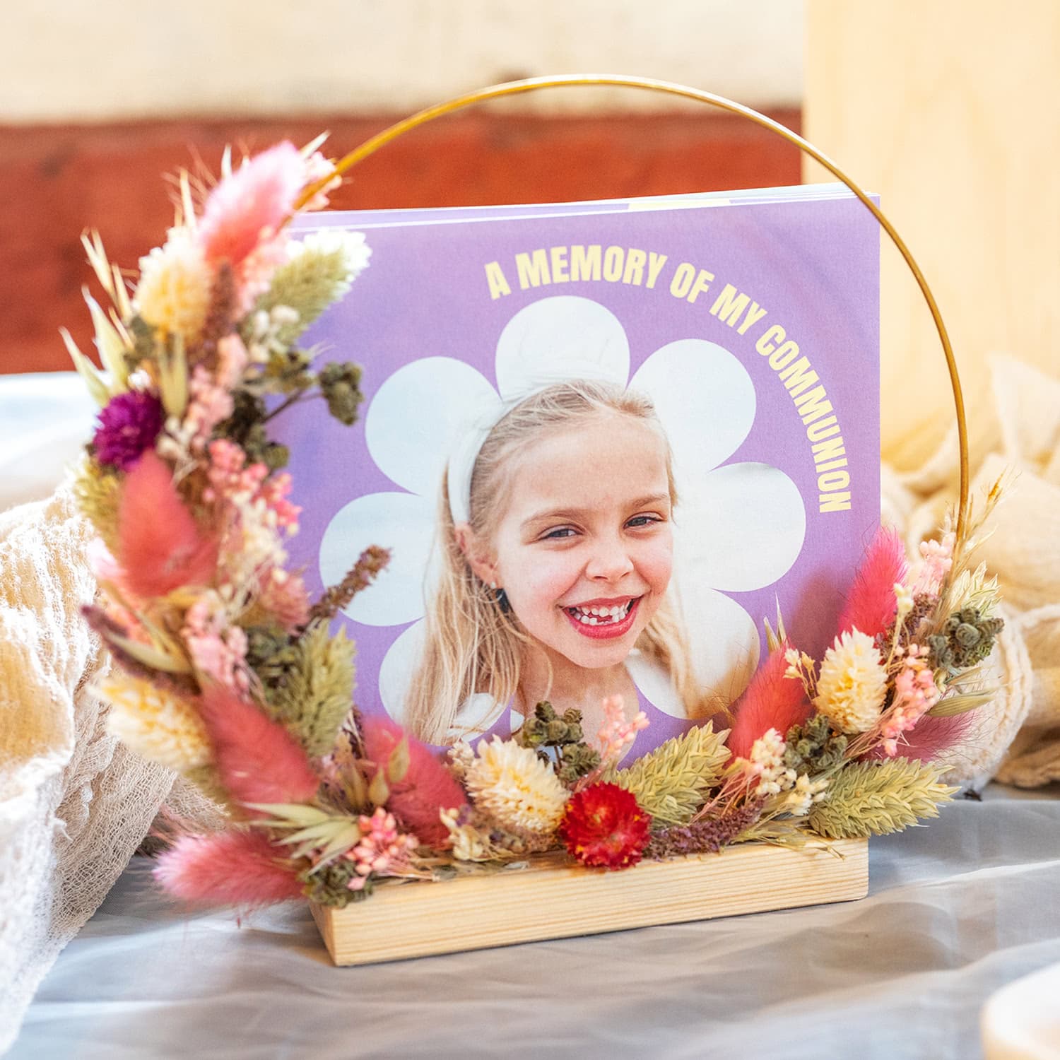 Kranssi kuivatuista kukista vaaleanpunainen/violetti 13 kuvakortilla | smartphoto