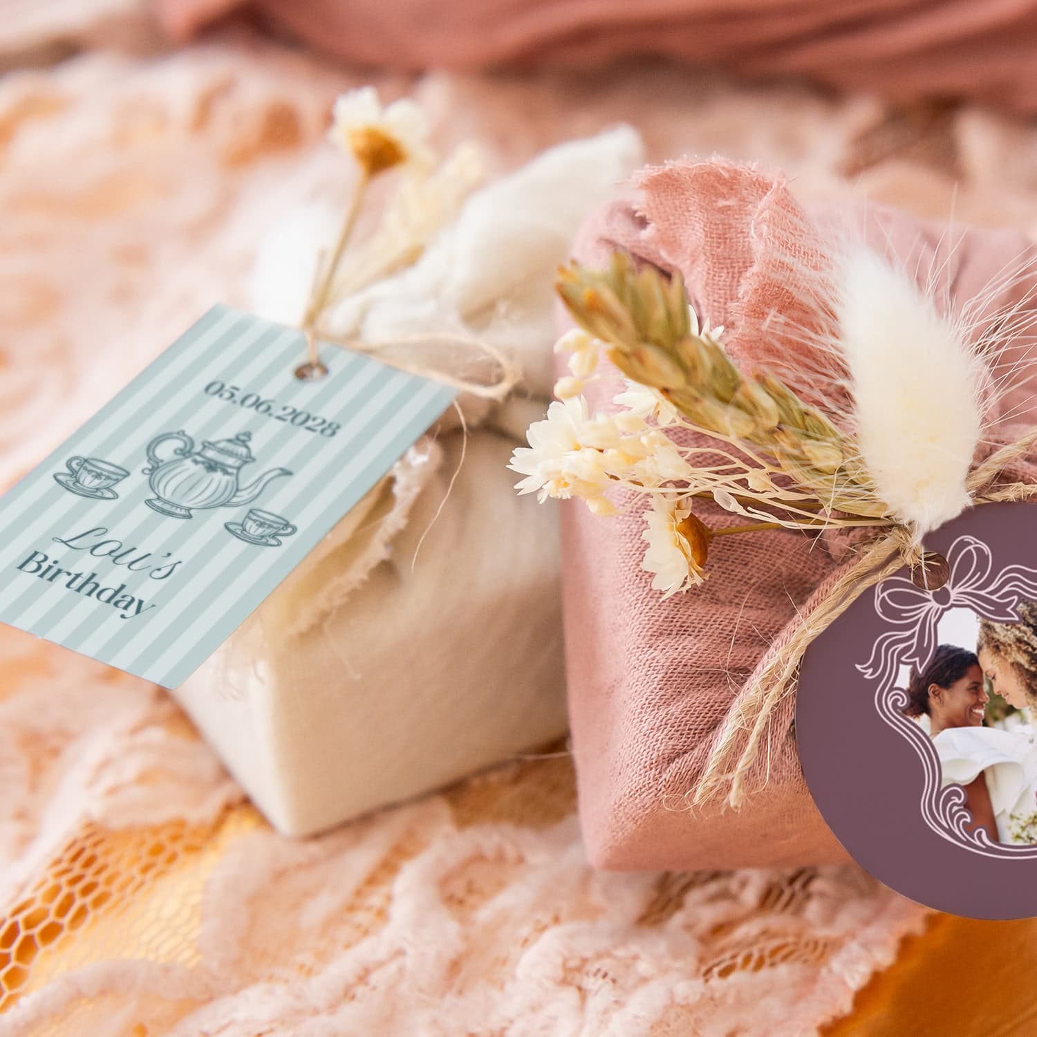 Saippuat beige kangaskääreessä, suorakaide etiketti (6 kpl) | smartphoto