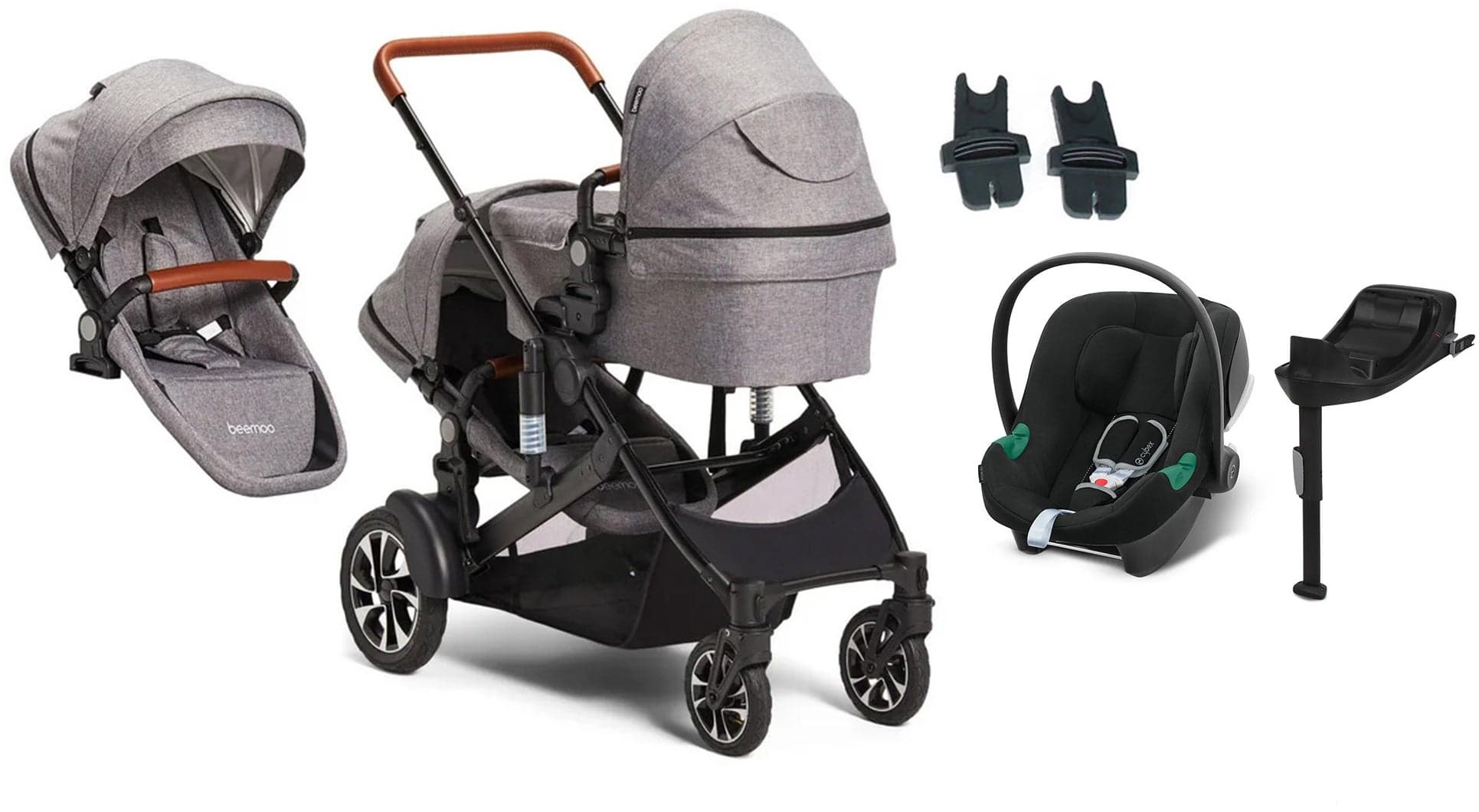 Beemoo Maxi 4 Twin Sisarusvaunut + Sisaristuin & Cybex Aton B2 & Telakka, Grey/Volcano Black
