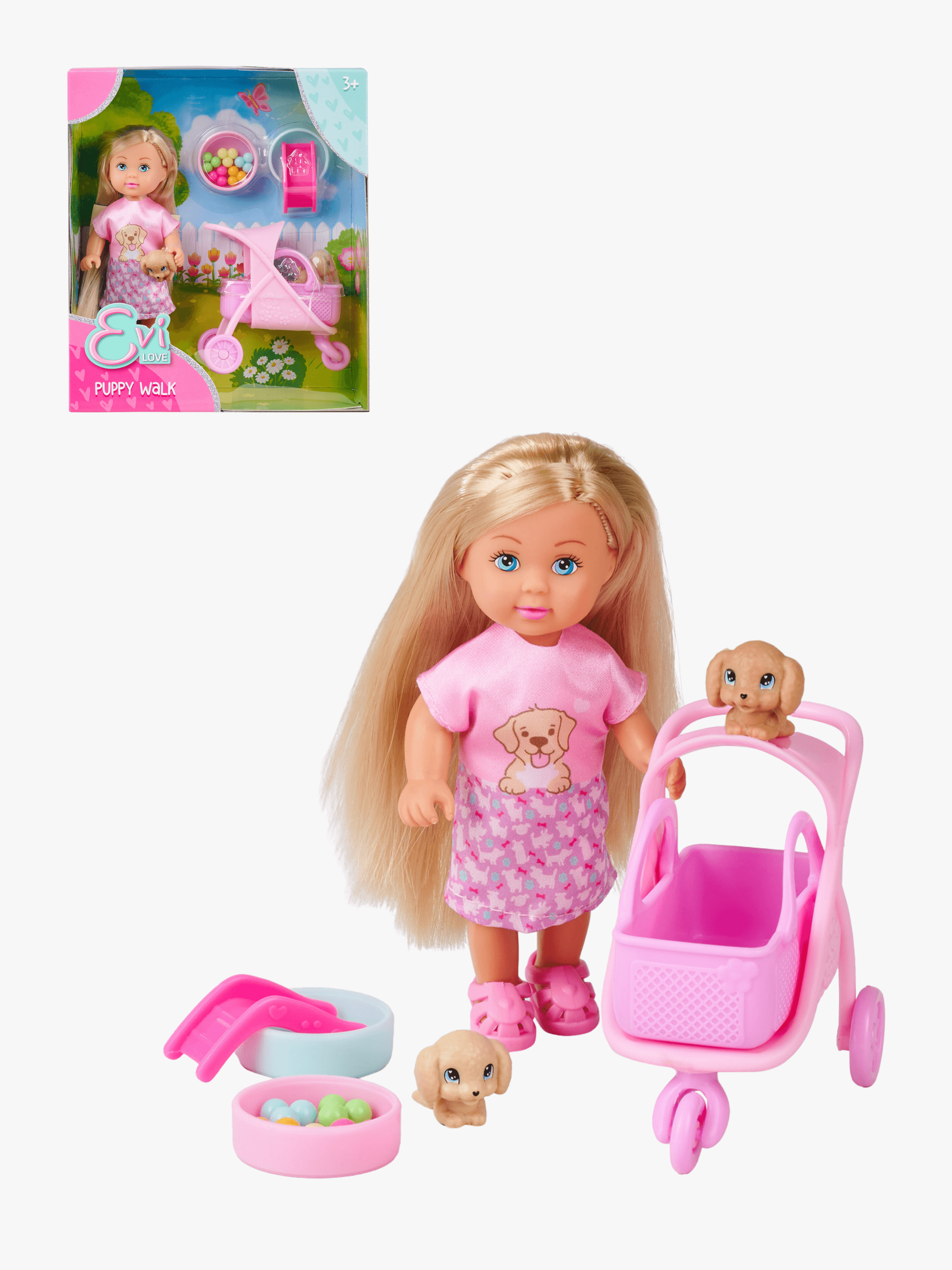 Evi Love Nukke Koirarattaat & Pennut 12 cm, Vaaleanpunainen