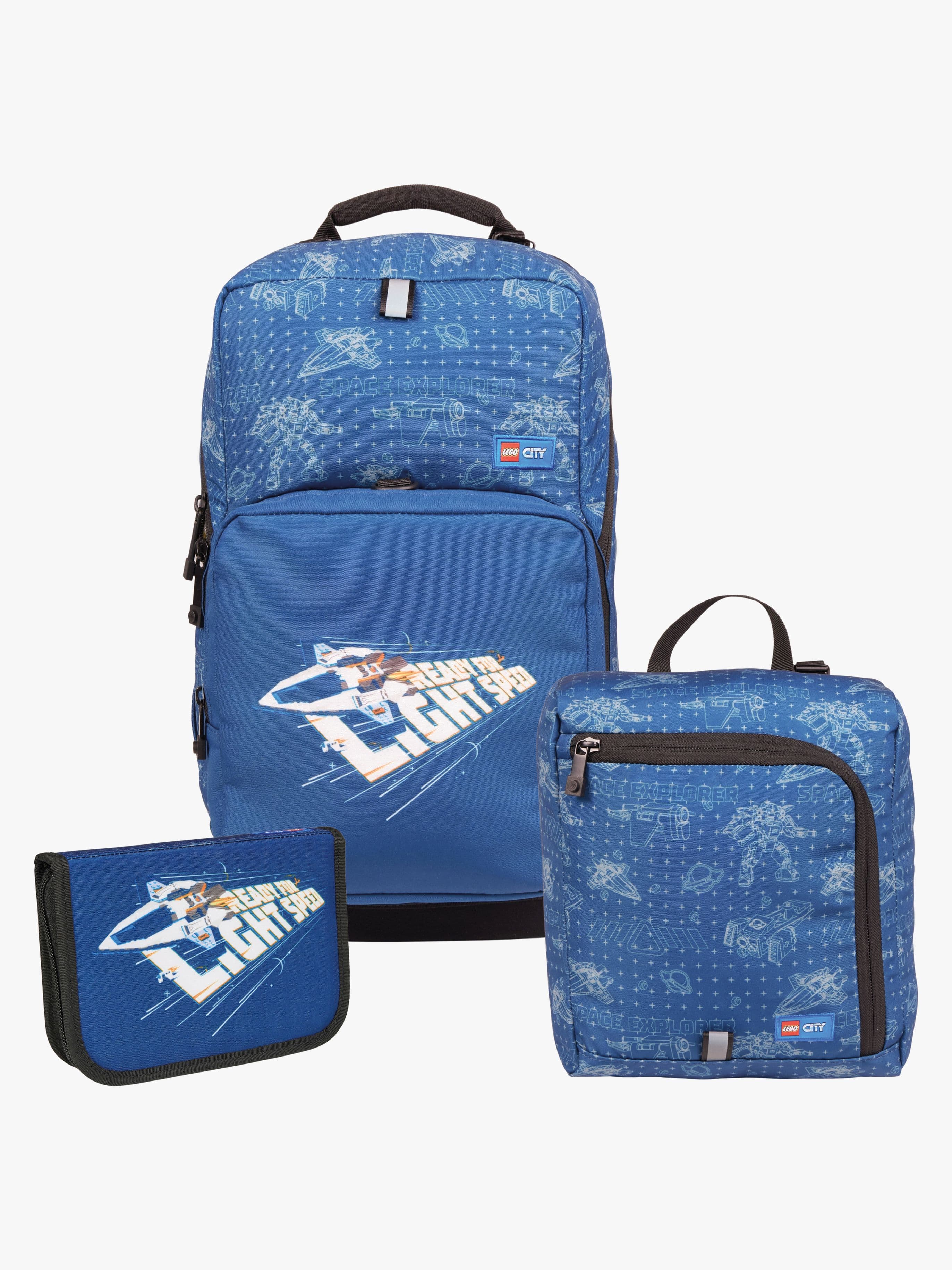 LEGO® City Space Explorer Reppusetti 20,5L + Kiinnitettävä Jumppapussi & Täytetty Penaali, Sininen