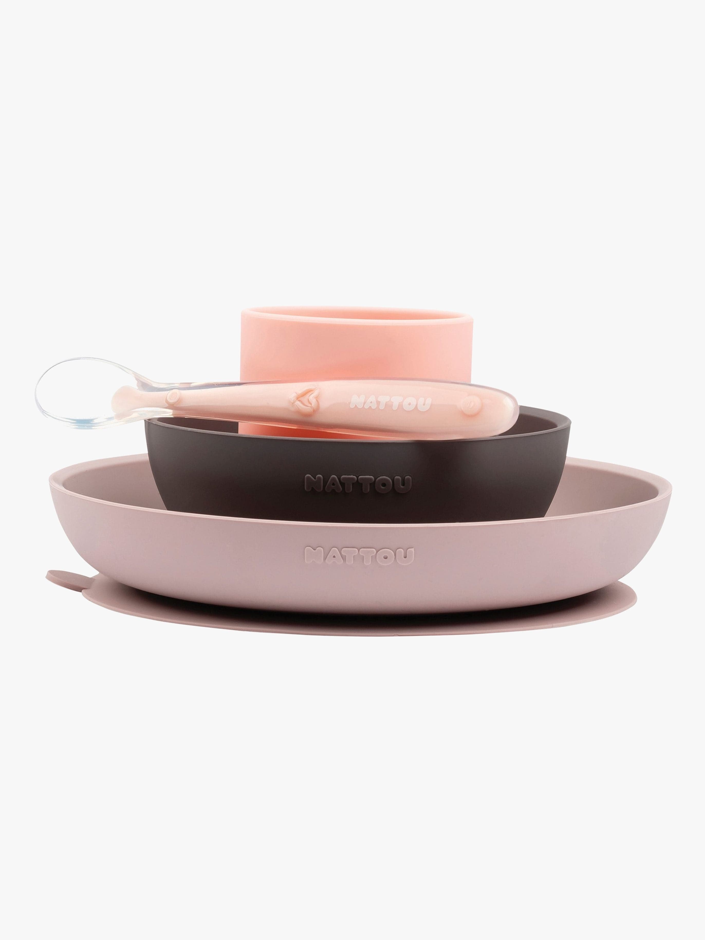 Nattou Soft Silicone Ruokailusetti, 4 Osaa, Rosa/Aubergine