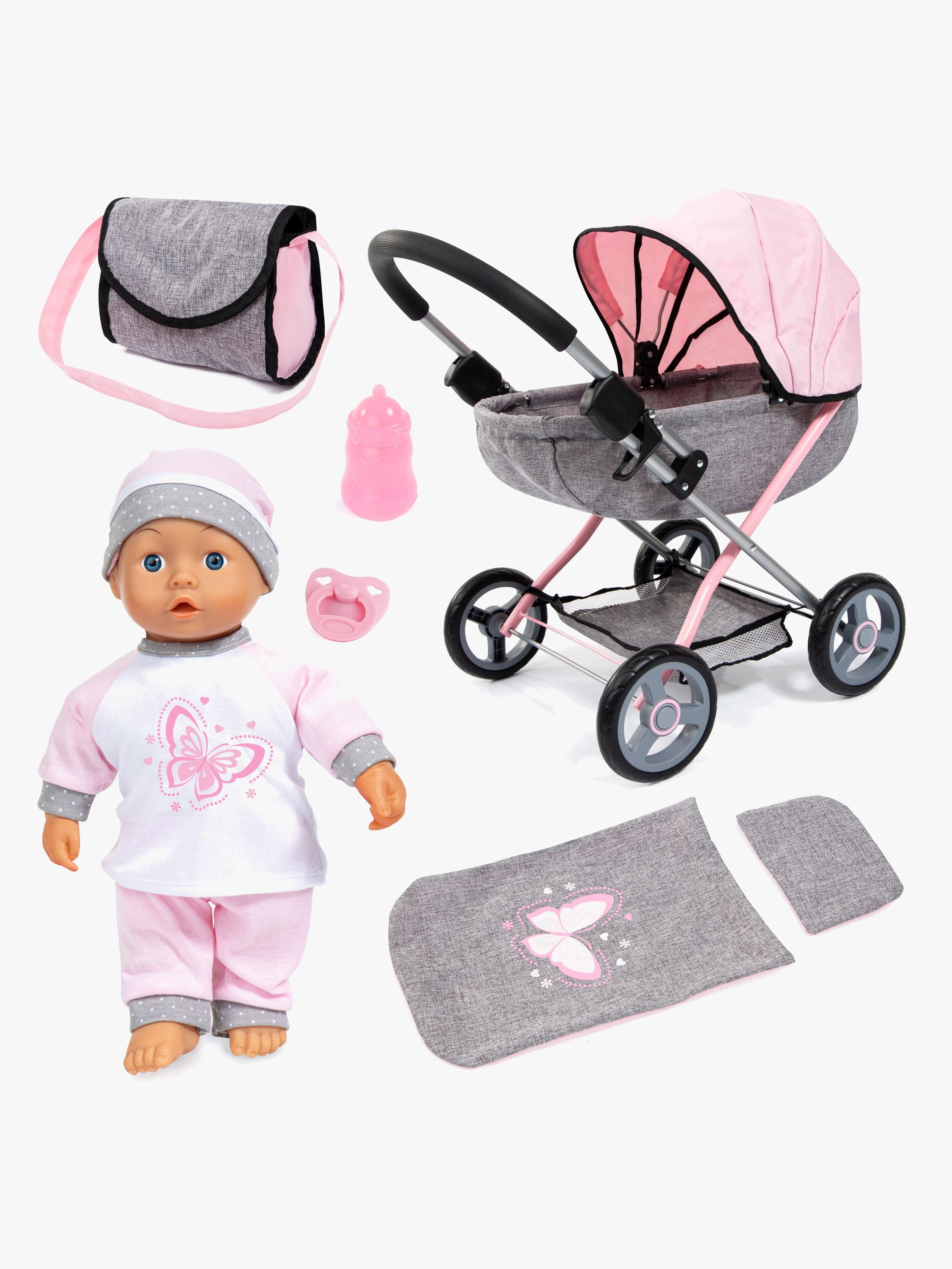 Bayer Design Nukenvaunut Cosy Set + Nukke, Harmaa/Vaaleanpunainen