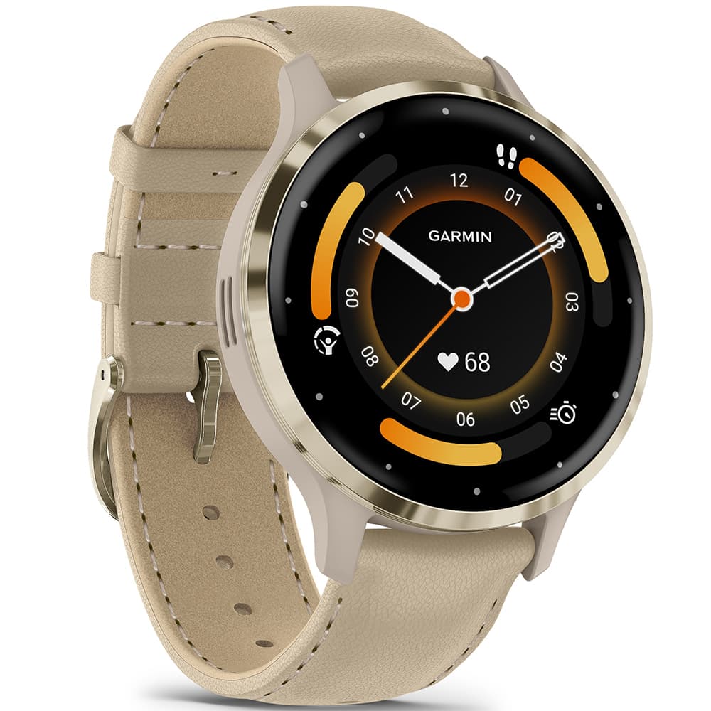 Garmin Venu 3S pehmeän kullanvärinen bezel, viileänharmaa runko ja nahkaranneke 010-02785-55